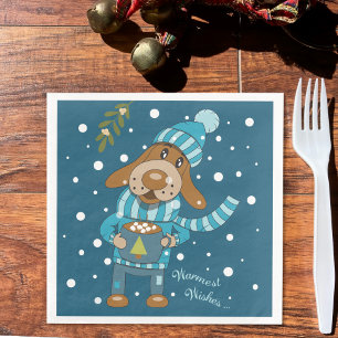 Christmas Pup Cute Blue Paper Napkins