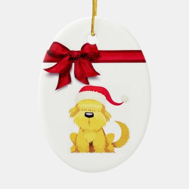 ***CHRISTMAS PUP W/ BRIGHT RED BOW*** CERAMIC ORNAMENT (Front)