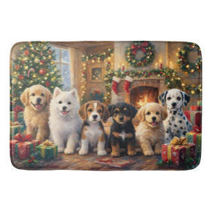 Christmas Puppies by Fireplace and Decorated Tree Bath Mat