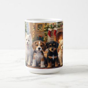 Christmas Puppies by Fireplace and Decorated Tree Coffee Mug