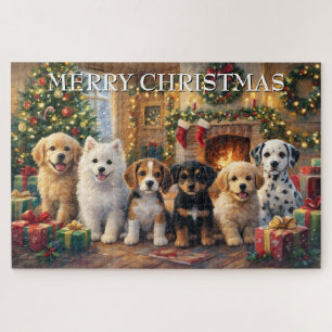 Christmas Puppies by Fireplace and Decorated Tree Jigsaw Puzzle