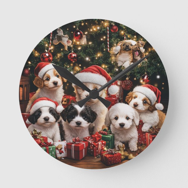 Christmas puppies under the Christmas tree Round Clock (Front)