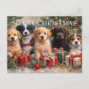 Christmas Puppies with Gifts Under Decorated Tree Holiday Postcard