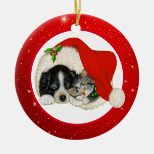 Christmas Puppy and Kitten Ceramic Ornament