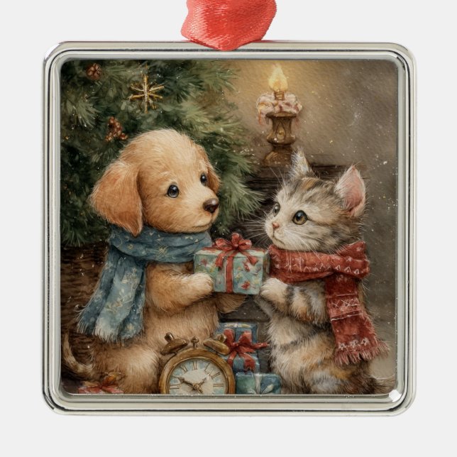 Christmas Puppy and Kitten Gift Metal Ornament (Front)