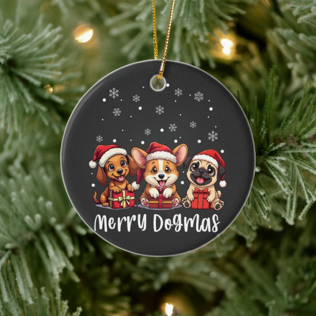 Christmas Puppy Dogs Merry Dogmas Ceramic Ornament (Tree)