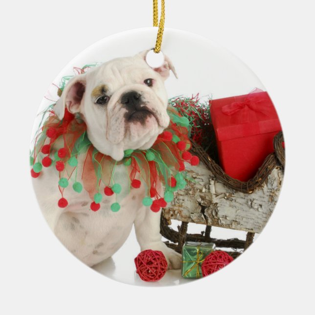 Christmas Puppy - English Bulldog Puppy Sitting Ceramic Ornament (Front)