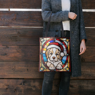 Christmas Puppy Faux Stained Glass Tote Bag