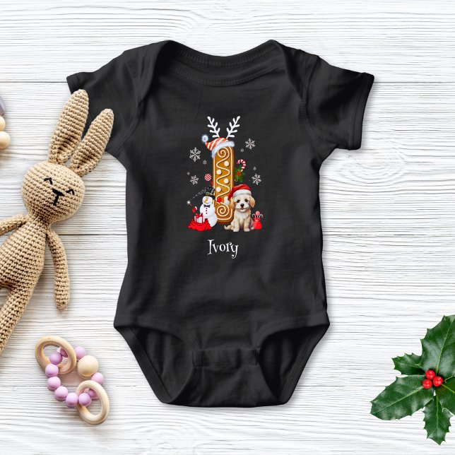 Christmas Puppy Gingerbread Name Letter I Boy  Baby Bodysuit (Creator Uploaded)