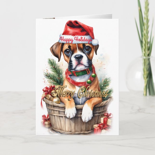 Christmas puppy in a basket holiday card "Boxer " (Front)