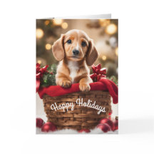 Christmas puppy in a basket holiday card Doxie