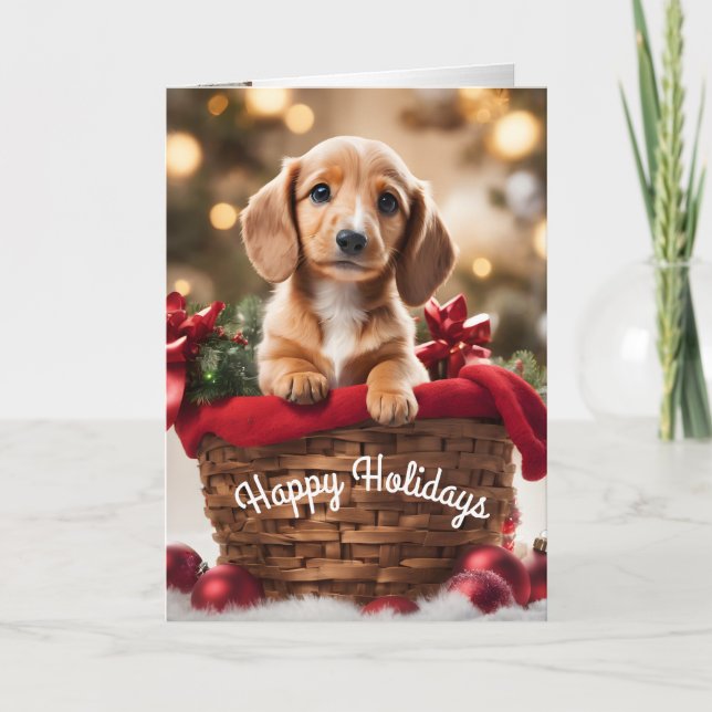 Christmas puppy in a basket holiday card Doxie (Front)