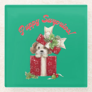 Christmas Puppy in Gift Box Holiday Surprise Glass Coaster
