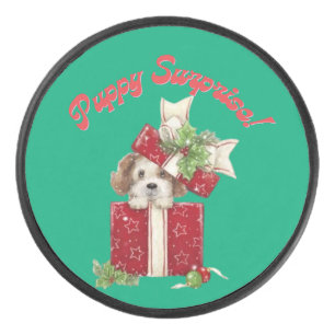 Christmas Puppy in Gift Box Holiday Surprise Hockey Puck