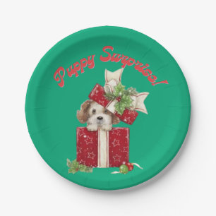 Christmas Puppy in Gift Box Holiday Surprise Paper Plate