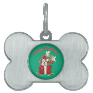 Christmas Puppy in Gift Box Holiday Surprise Pet ID Tag