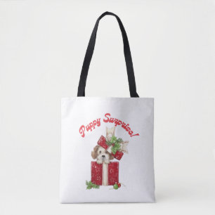Christmas Puppy in Gift Box Holiday Surprise Tote Bag
