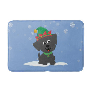 Christmas Puppy in the Snow on Blue Bath Mat