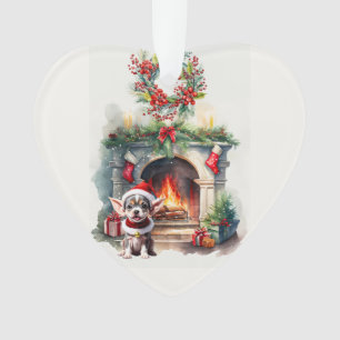 CHRISTMAS PUPPY STAYING WARM BY THE FIREPLACE ORNAMENT