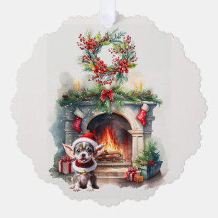 CHRISTMAS PUPPY STAYING WARM BY THE FIREPLACE TREE DECORATION CARD
