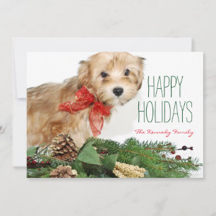 Christmas puppy with red bow holiday card
