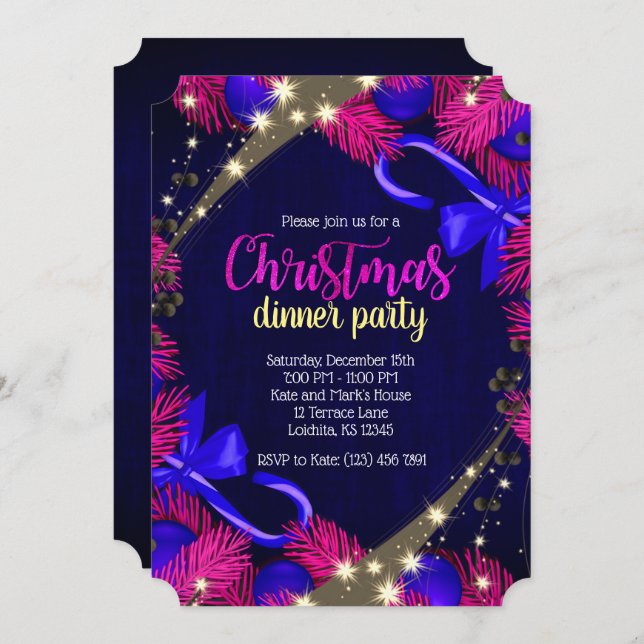 Christmas Purple & Blue Dinner Party Ticket Invite (Front/Back)