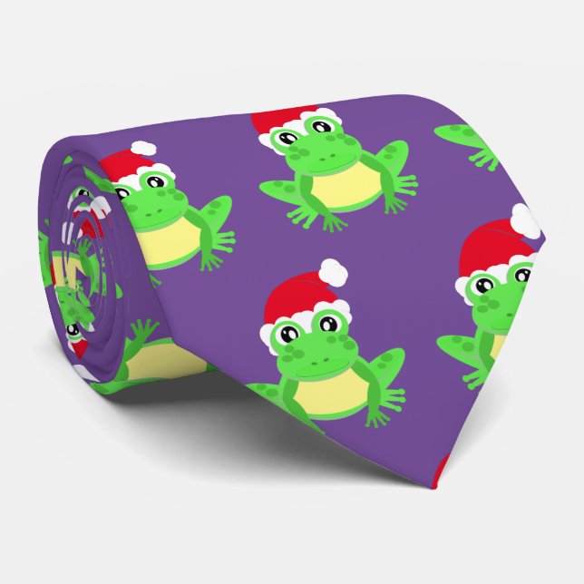 Christmas Purple Frog Santa Hat Pattern Novelty  Tie (Rolled)