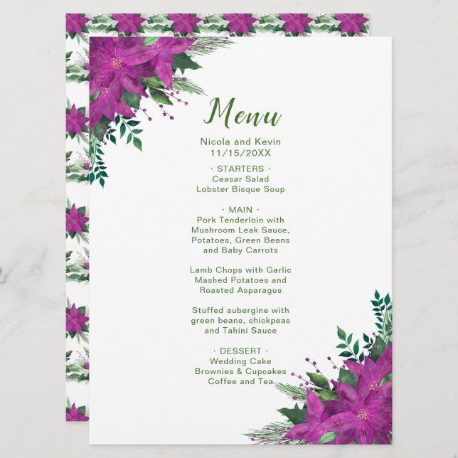 Christmas purple Poinsettia Flowers Wedding Menu (Front/Back)