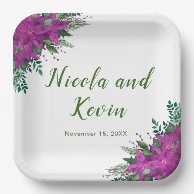 Christmas Purple Poinsettia Flowers Wedding Paper Plate (Front)