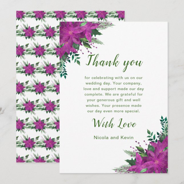 Christmas Purple Poinsettia Flowers Wedding Thank You Card (Front/Back)