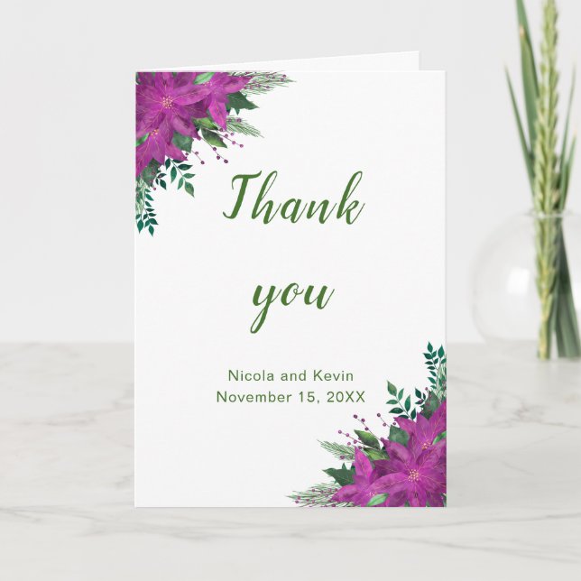 Christmas Purple Poinsettia Flowers Wedding Thank You Card (Front)