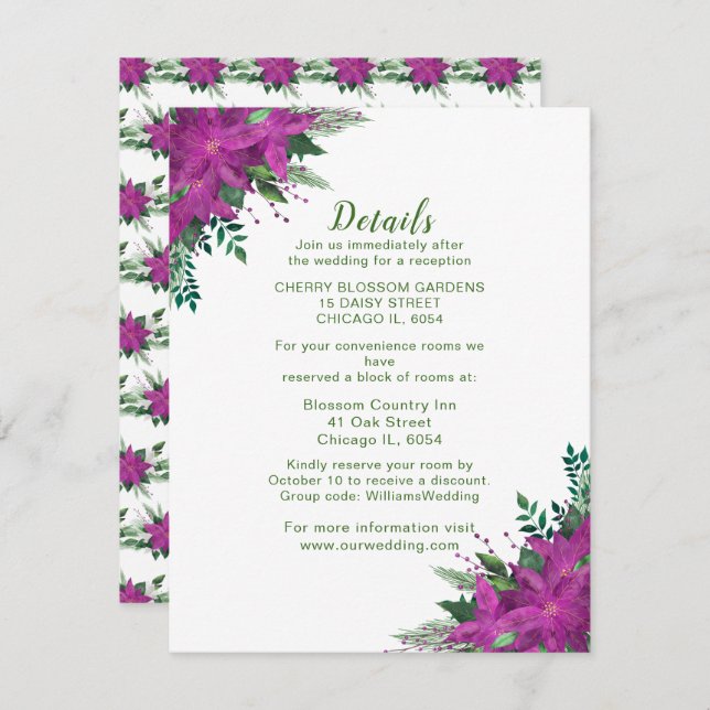 Christmas Purple Poinsettia Wedding Details Enclosure Card (Front/Back)