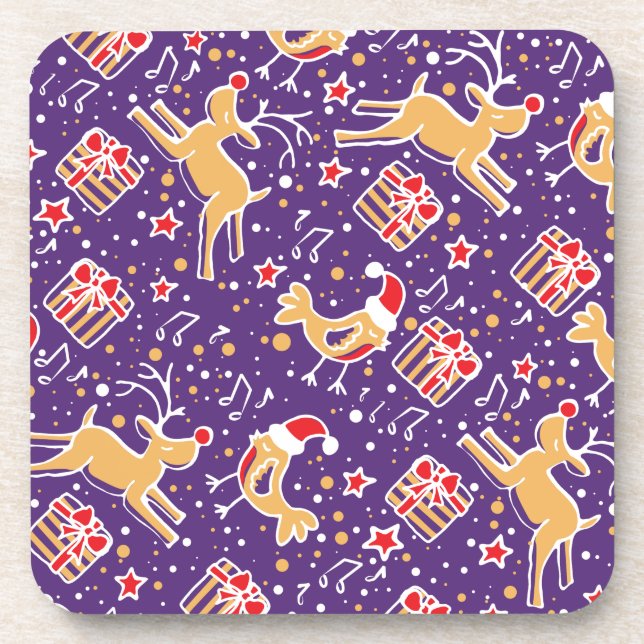 Christmas purple reindeer bird set of 6 coasters (Front)