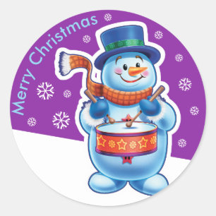 Christmas purple round sticker Snowman drummer.