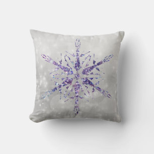 Christmas Purple Snowflake Sparkle Silver Cushion