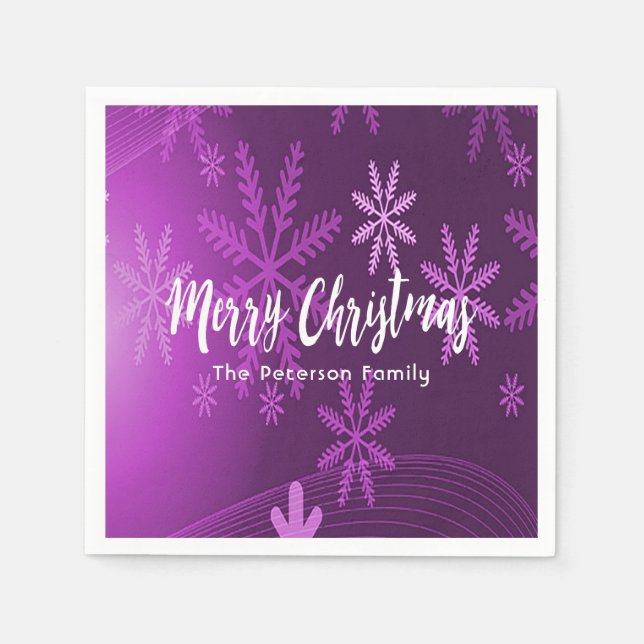 Christmas purple snowflakes family name napkin (Front)