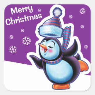 Christmas purple square sticker Penguin skating.