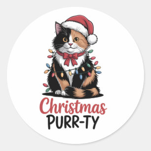 Christmas Purr-ty Cat Wrapped in Christmas Xmas Classic Round Sticker