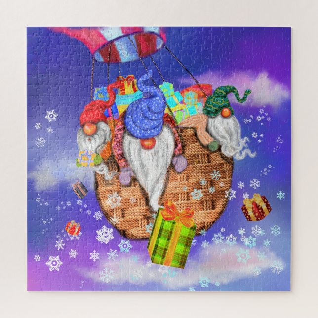 Christmas Puzzle Gnomes with Balloon Gives Gifts (Vertical)