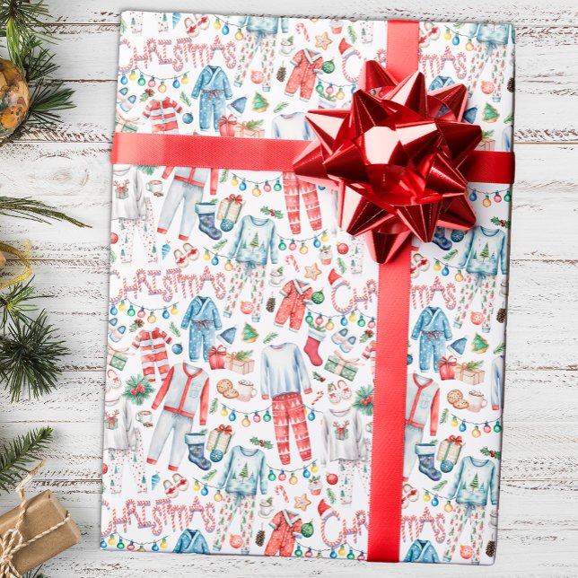 Christmas Pyjamas Watercolor Wrapping Paper (Fun Pajama Christmas Party illustrations )