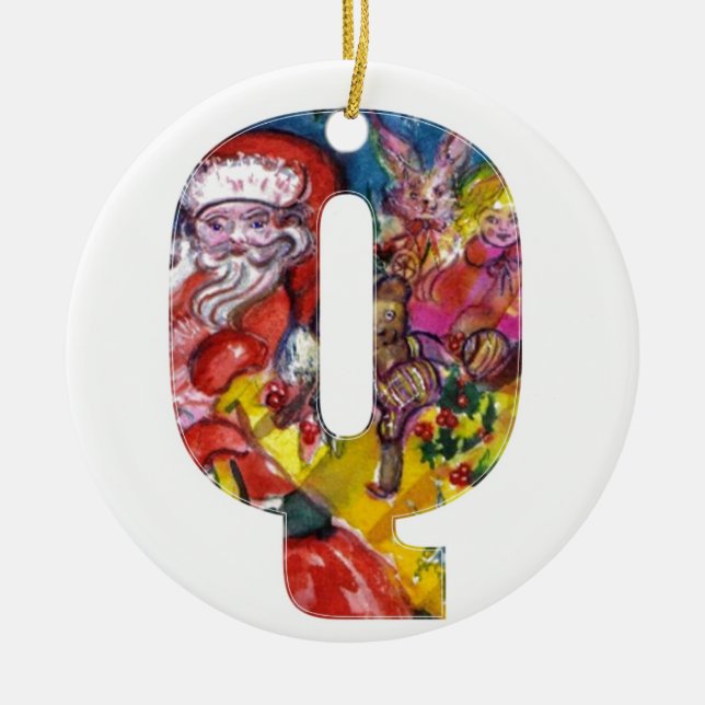 CHRISTMAS Q LETTER  / SANTA  WITH GIFTS MONOGRAM CERAMIC TREE DECORATION (Front)