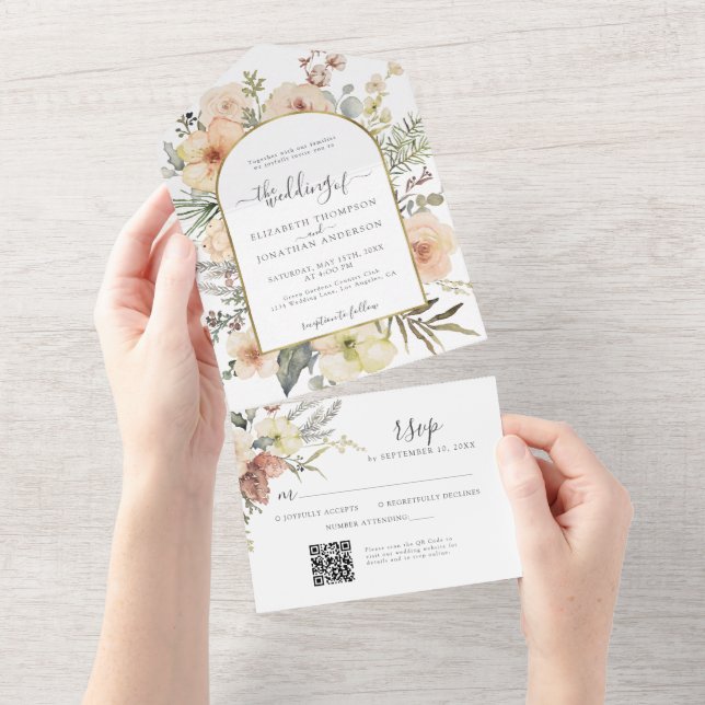Christmas QR RSVP Floral Gold Foil Winter Wedding All In One Invitation (Tearaway)