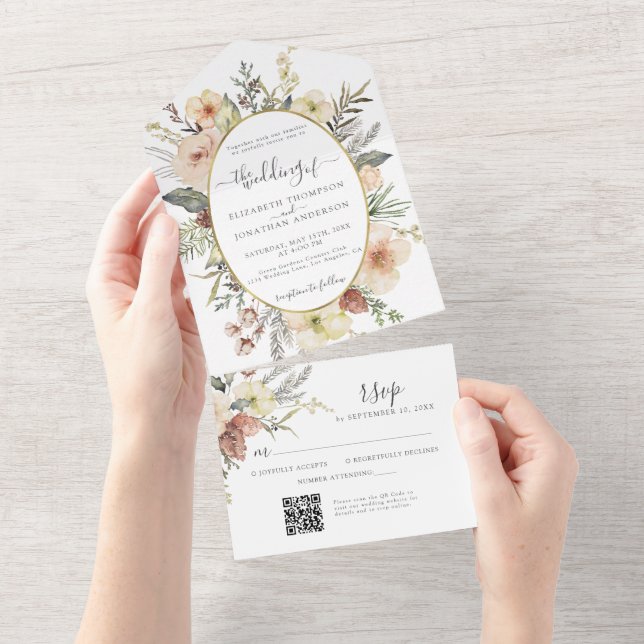 Christmas QR RSVP Winter Floral Gold Foil Wedding All In One Invitation (Tearaway)