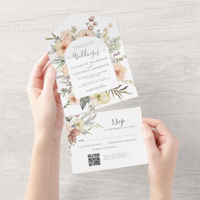 Christmas QR RSVP Woodland Winter Floral Wedding All In One Invitation (Tearaway)
