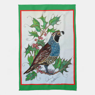 Christmas Quail Holly Tea Towel