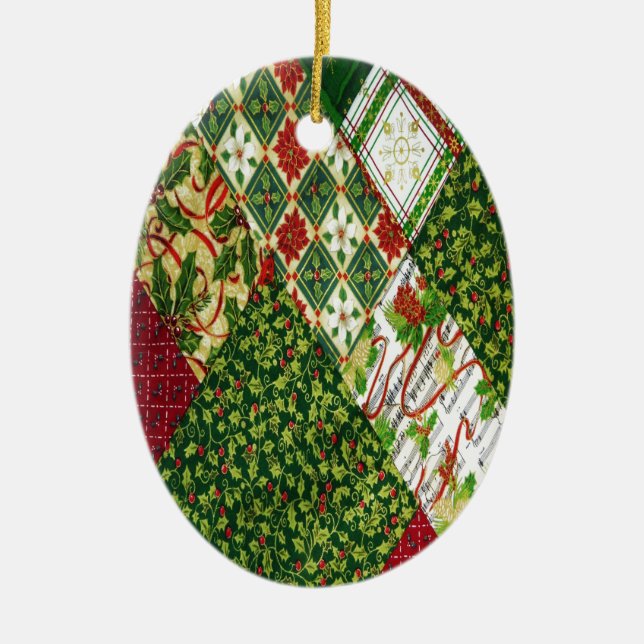 Christmas Quilt Background Ceramic Tree Decoration (Front)