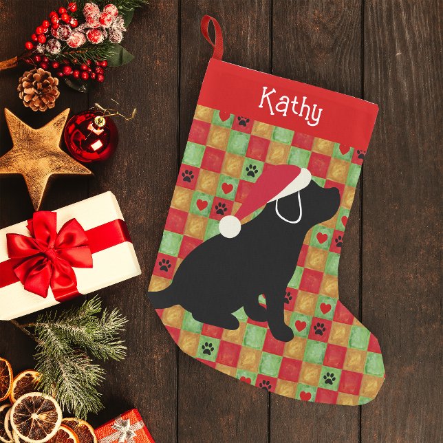 Christmas Quilt Black Labrador Puppy Small Christmas Stocking (Personalized Black Labrador Puppy Quilt Design Christmas Stocking for Labrador Owners.)