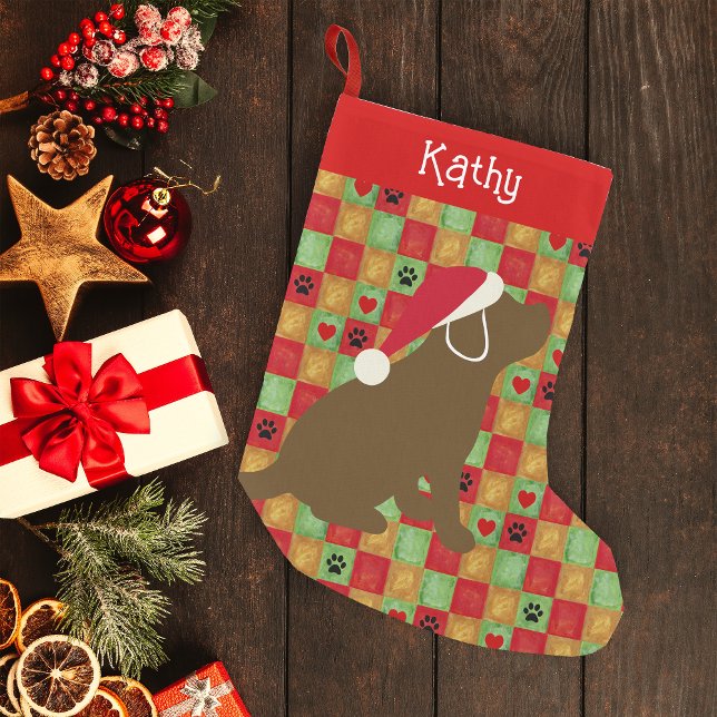 Christmas Quilt Chocolate Labrador Puppy Small Christmas Stocking (Personalized Chocolate Labrador Puppy Quilt Design Christmas Stocking for Labrador Owners.)