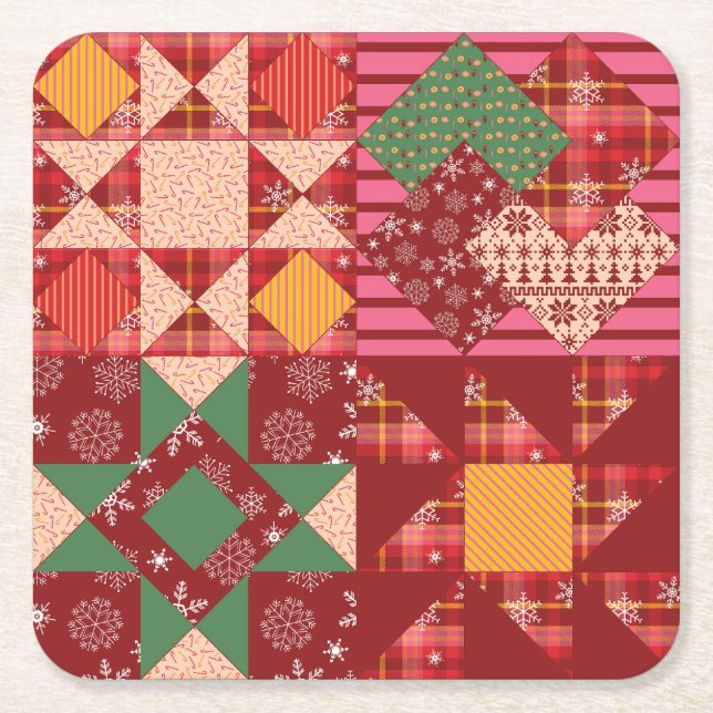 Christmas Quilt Squares Square Paper Coaster (Front)