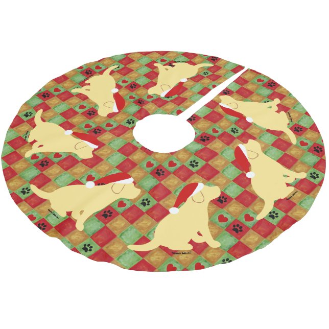 Christmas Quilt Yellow Labrador Puppies Brushed Polyester Tree Skirt (Angled)